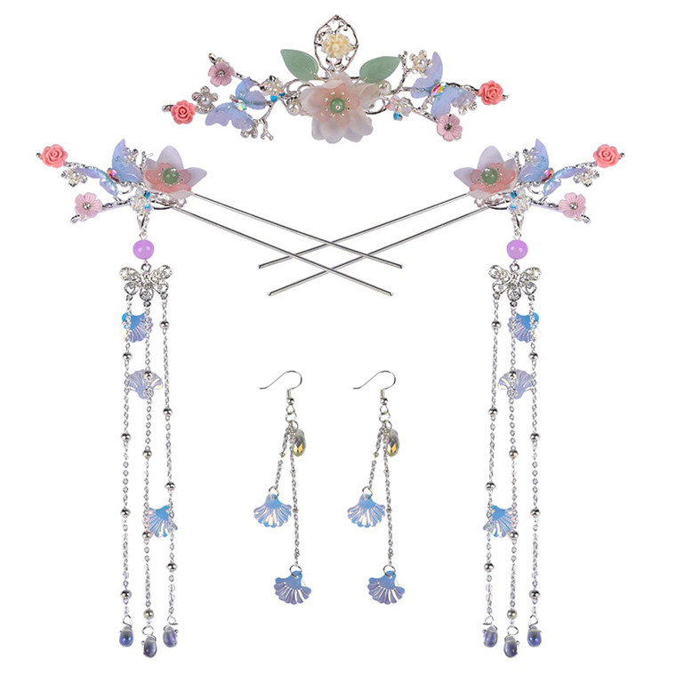 Alloy Hair Sticks Pins,female Long Tassel Hanfu Chinese Hair Comb/Earrings Set female Traditional Classical (Style A)