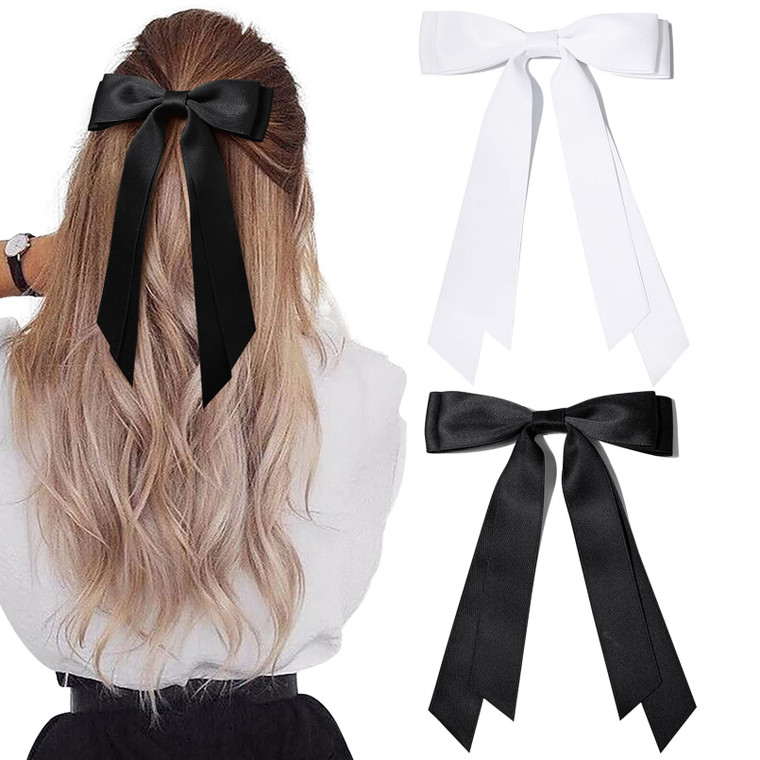 2PCS Silky Satin Hair Bows Hair Clip Black White Hair Ribbon Ponytail Holder Accessories Slides Metal Clips Hair Bow for Women Girls Toddlers Teens K