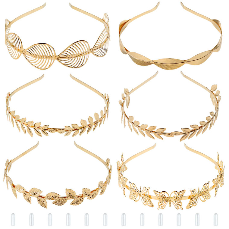 Dizila 6 Pack Gold Metal Leaf Butterfly Headbands Tiara Crowns Headpieces Hairbands Bridal Wedding Hair Accessories for Women Girls (12pcs Sheaths fo