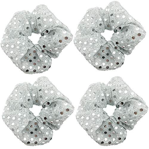 4 Pcs Sequins Christmas Hair Scrunchies Hair Bobbles Metallic Elastics Ponytail Holders Hair Wrist Ties Bands Cloth Scrunchies for Show Gym Dance Par