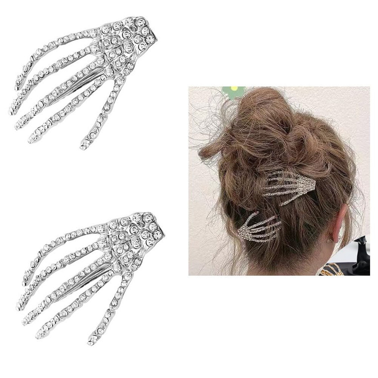 Halloween Skeleton Hands Hair Clips for Women Girls Rhinestone Skull Hair Clip Goth Punk Horror Hair Barrette Cosplay Costume Hair Accessories for Wo