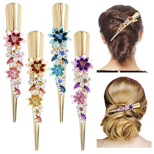 Dizila 4 Pack Sparkly Flower Leaf Rhinestone Long Metal Alligator Hair Clips Duckbill Clips Barrettes Hair Pins Accessories for Women Girls