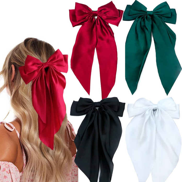 4 Pieces Silky Satin Hair Bows Ribbon Hair Barrettes Clip Large Bow Hair Slides Metal Clips French Barrette Long Tail Hair Accessories Hairpin for Wo