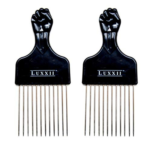 LUXXII (2 Pack) 6.75" Black Fist Metal Afro Pick Lift Hair Comb Detangle Wig Braid Hair Man Styling Comb