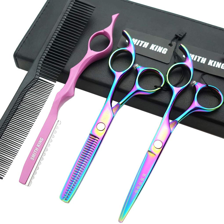 5.5 Inches Hair Cutting Scissors Set with Razor Combs Lether Scissors Case,Hair Cutting Shears Hair Thinning Shears for Personal and Professional (Ra