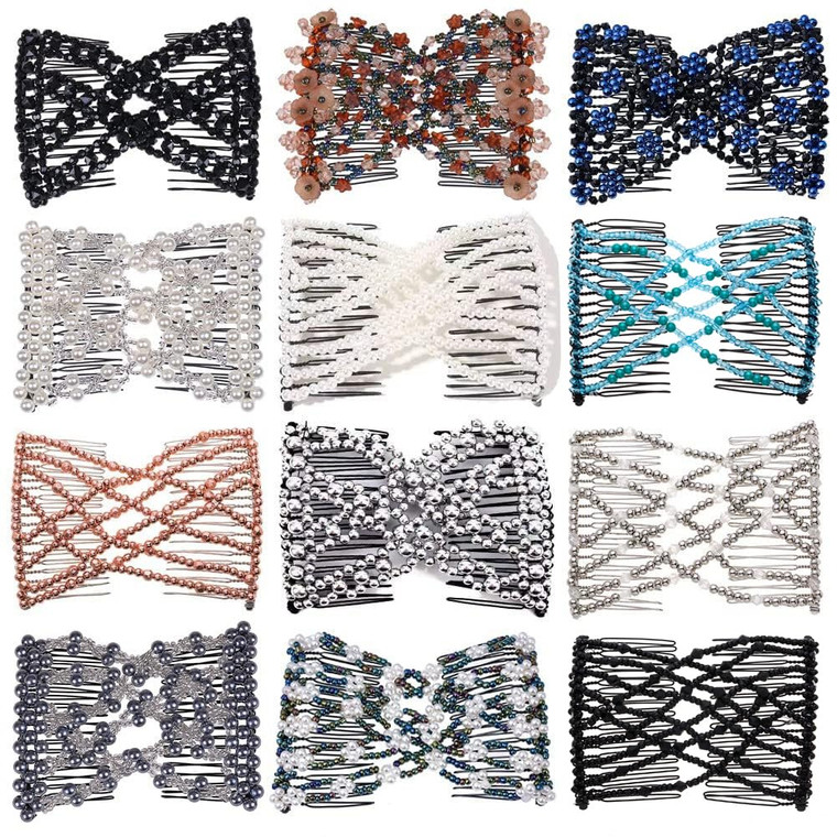 Ruihfas 12 PCS Magic Hair Side Combs Beaded Stretch Double Hair Side Combs Clips Bun Maker Hair Pins Hair Accessories for Women Curly Thick Wavy Hair