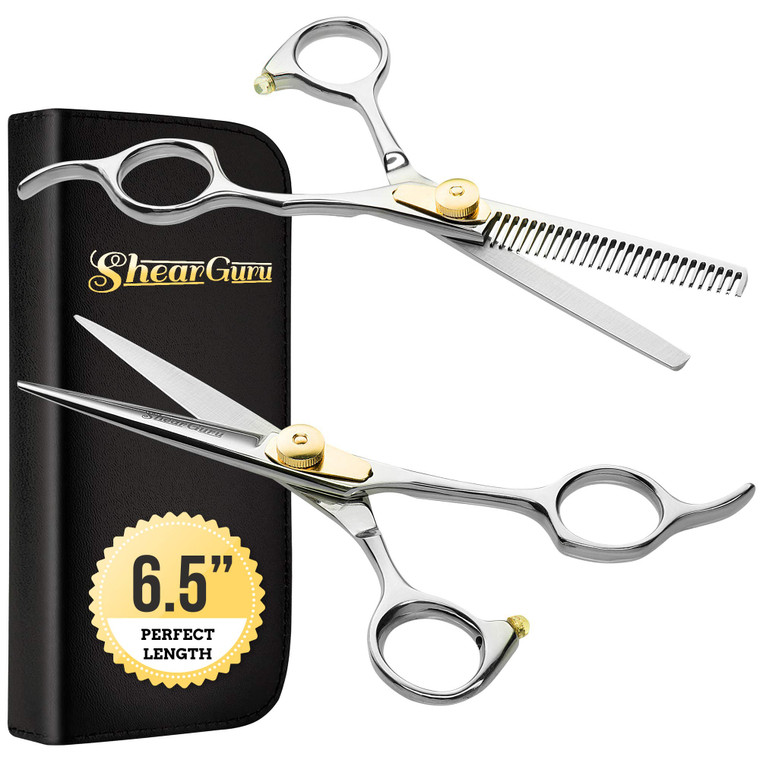ShearGuru Professional Barber Kit/Salon Haircut Scissors Cutting Set - 6.5"-Straight Edge Razor Sharp Barber Scissors + Texturizing Thinning Shears S