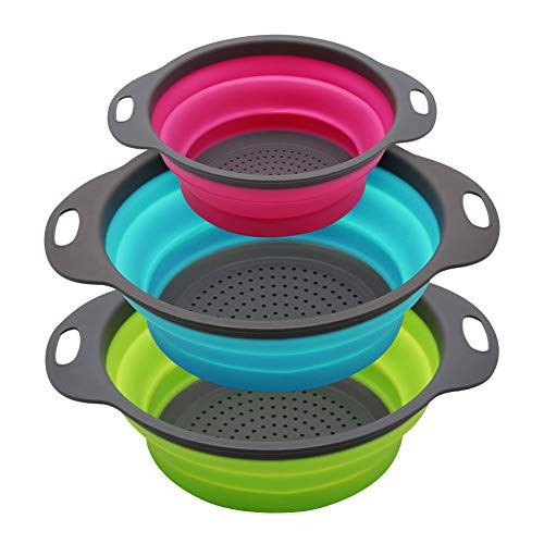 Qimh Collapsible Colander Set of 3 Round Silicone Kitchen Strainer Set - 2 pcs 4 Quart and 1 pcs 2 Quart- Perfect for Draining Pasta, Vegetable and f