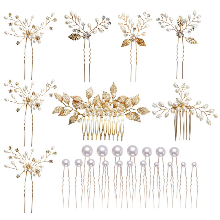 inSowni 26 Pack Gold Wedding Bridal Hair Side Combs+U Shaped Hair Pins Clips Barrettes Leaf Flower Rhinestone Pearl Hair Pieces Updo Accessories Jewe