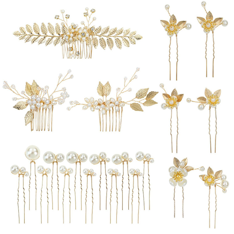 inSowni 21 Pack Gold Leaf Flower Bridal Wedding Hair Side Combs+U-shaped Pearls Hair Pins Hair Pieces Headpieces Accessories for Brides Bridesmaids W