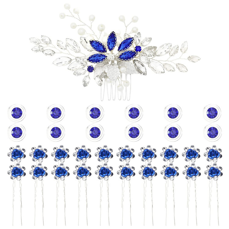inSowni 33 Pack Royal Blue Rhinestone Pearl Crystal Leaf Flower Bridal Hair Side Combs+Spiral Gems Hair Clips+U Shaped Hair Pins Wedding Headpieces A