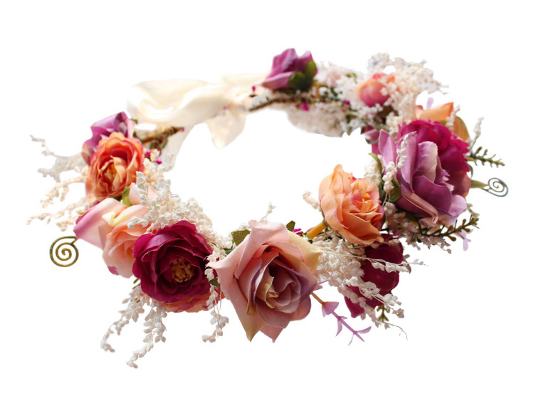 Vivivalue Women Floral Crown Rose Flower Headband Hair Wreath Floral Headpiece Halo Boho with Ribbon Wedding Party Festival Photos