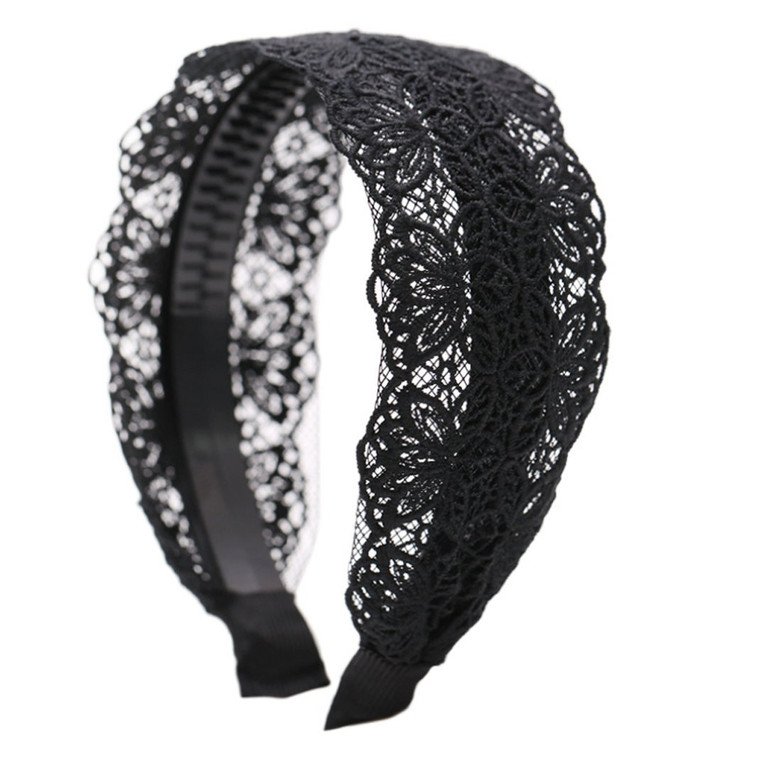 Fashion 2 Inch Wide Lace Headband Hair Band with Teeth for Women and Girls (Black)