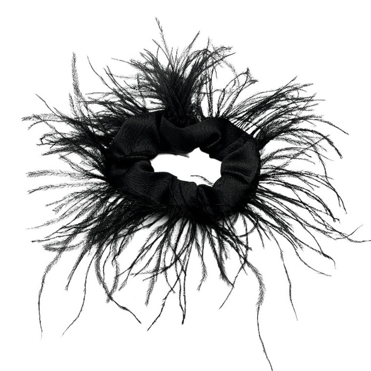 1PC Elegant Artificial Ostrich Feathers Hair Scrunchies Hair Tie Rope Elastics Hair Bands Ponytail Holders Hair Accessories for Women Girls, Black