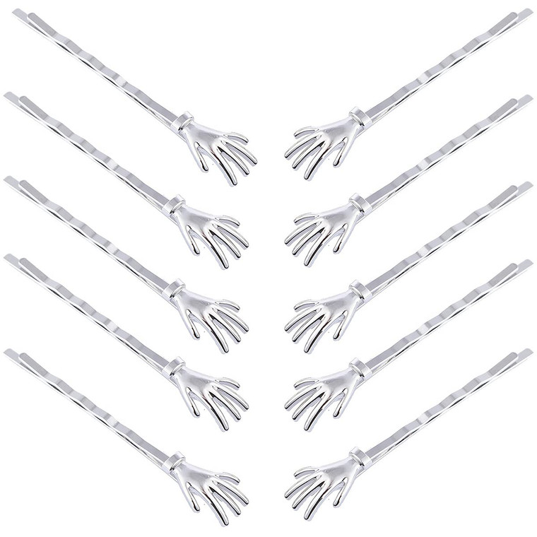 10Pcs Cute Spooky Skeleton Hands Bobby Pins 2.5" Halloween Hair Clips Women Girls Accessories, Silver