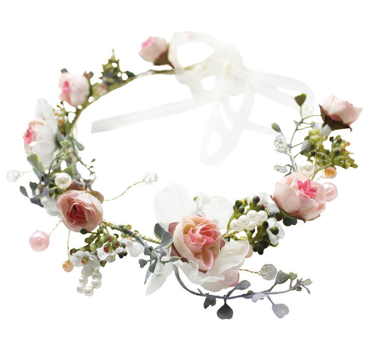 Vivivalue Floral Halo Boho Flower Headband Floral Crown Headpiece Hair Wreath with Ribbon Wedding Party Prom Photos Festival Pink