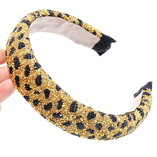 Handmade Leopard Print Headbands Rhinestone Fashionable Sponge Hairbands Crystal Beaded Wide Headpiece for Women Girls Hair Accessories (Gold)