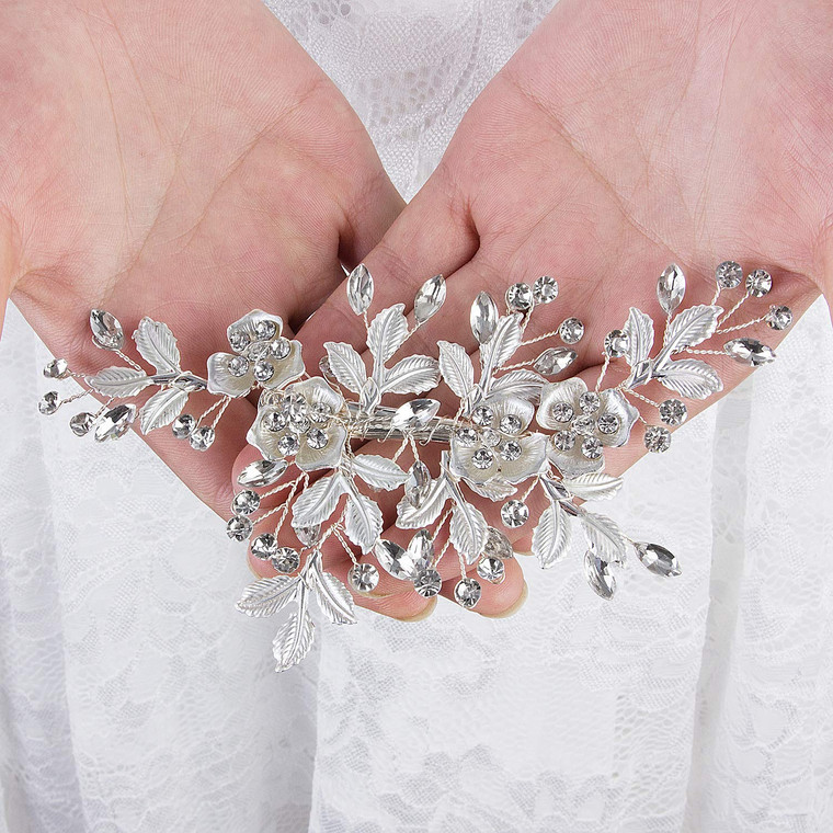 CROWN GUIDE Crystal Rhinestone Bridal Hair Comb Barrette Handmade Flower Clip Pin Wedding Hair Accessories Pieces for Women Silver