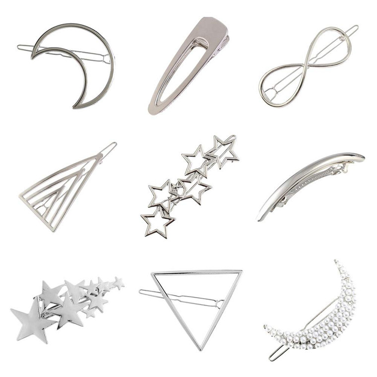 9 Pack Vintage Minimalist Bowknot Circle Moon Star Branch Pearl Metal Silver Hair Clips Hairpins Snap Barrettes Comb Claw Clamp Wedding Bridal Decora