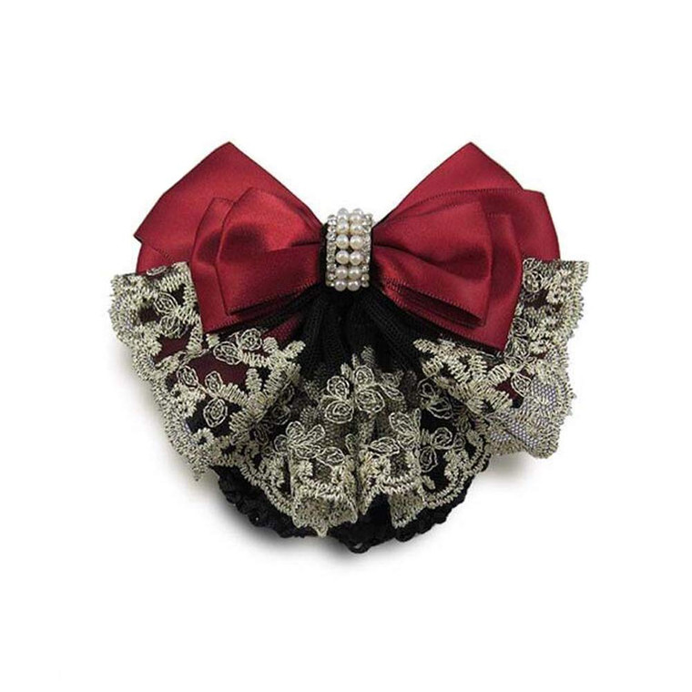2Pcs Professional Hair Bun Cover Net Snood Hairnet Bowknot with Fan-shaped Lace Pearl Crystal Decoration Barrette Hair Clip Hair Accessories for Wome