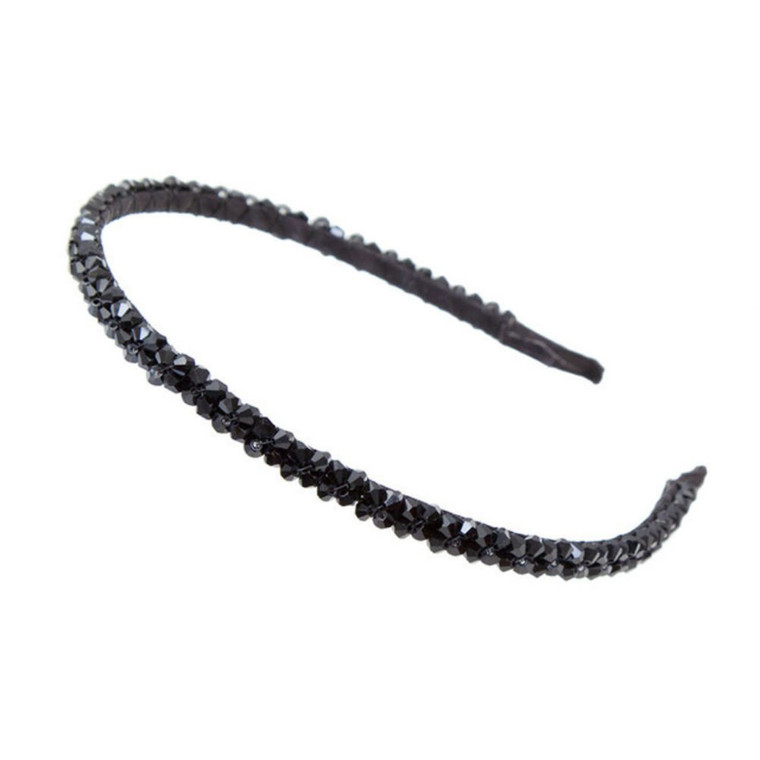 AKOAK Fashion Super Shiny Women Two Rows Black Crystal Beads Headband Girls Headwear Rhinestone Beaded Hair Band Hair Accessories