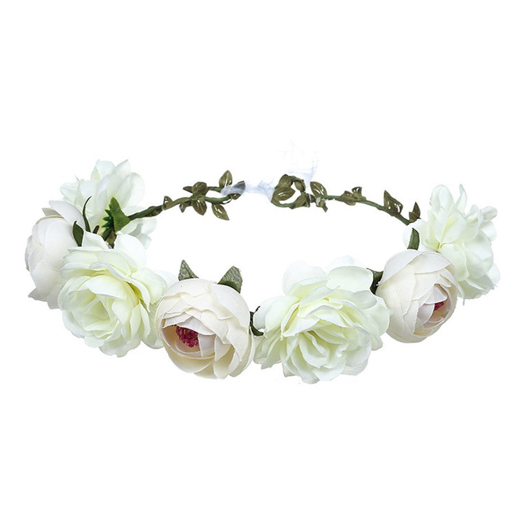 June Bloomy Women Rose Floral Crown Hair Wreath Leave Flower Headband with Adjustable Ribbon (White)