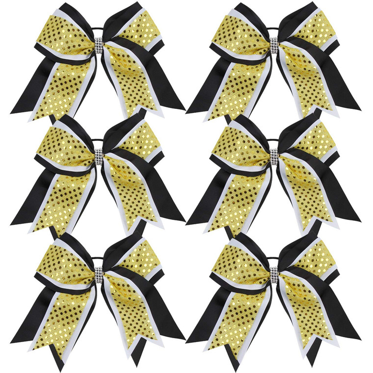 Cheerleader Bows 8 Inch 3 Layers 6 Pcs Ponytail Holder Jumbo Cheerleading Bows Hair Elastic Hair Tie for High School College (Black/White/Yellow)