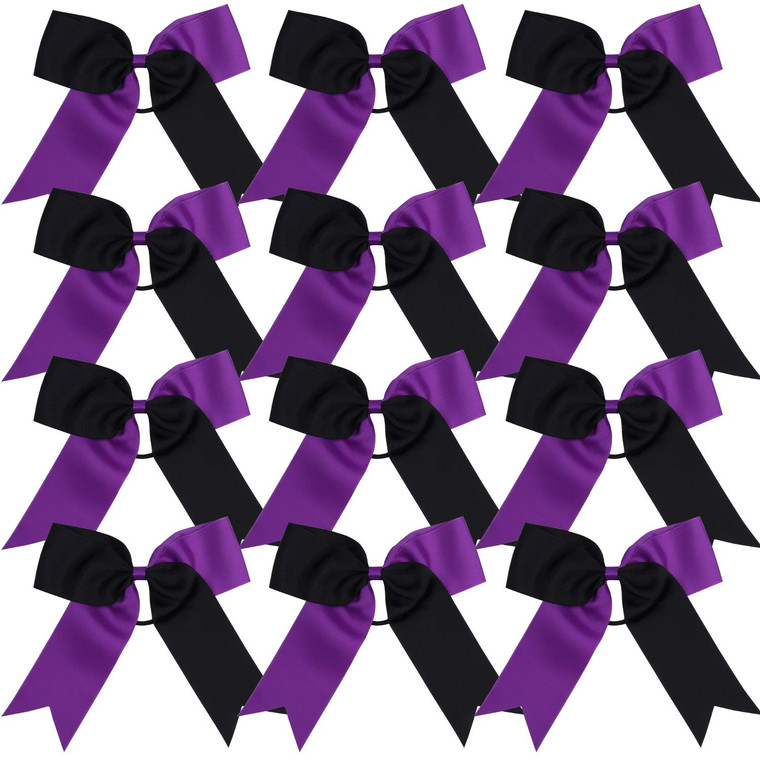 Cheerleading Bow Jumbo Cheer Bows 12 Pcs 7 Inch Ponytail Holder Cheerleader Bows Hair Tie(Black/Purple)