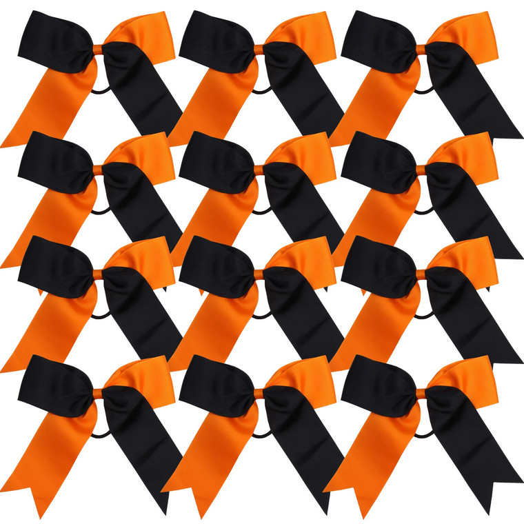 Cheerleading Bow Jumbo Cheer Bows 12 Pcs 7 Inch Ponytail Holder Cheerleader Bows Hair Tie (Orange/Black)