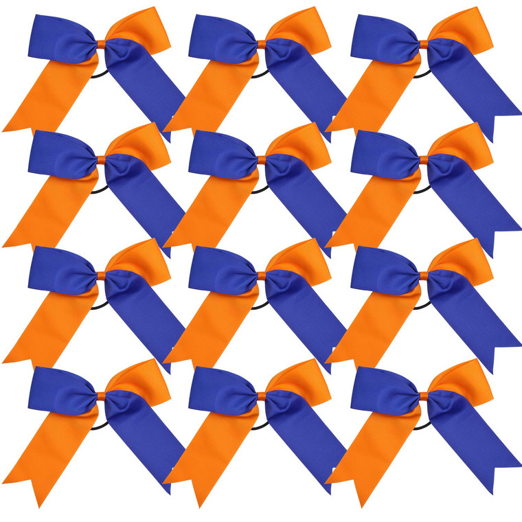 Cheerleading Bow Jumbo Cheer Bows 12 Pcs 7 Inch Ponytail Holder Cheerleader Bows Hair Tie (Orange/Royal Blue)