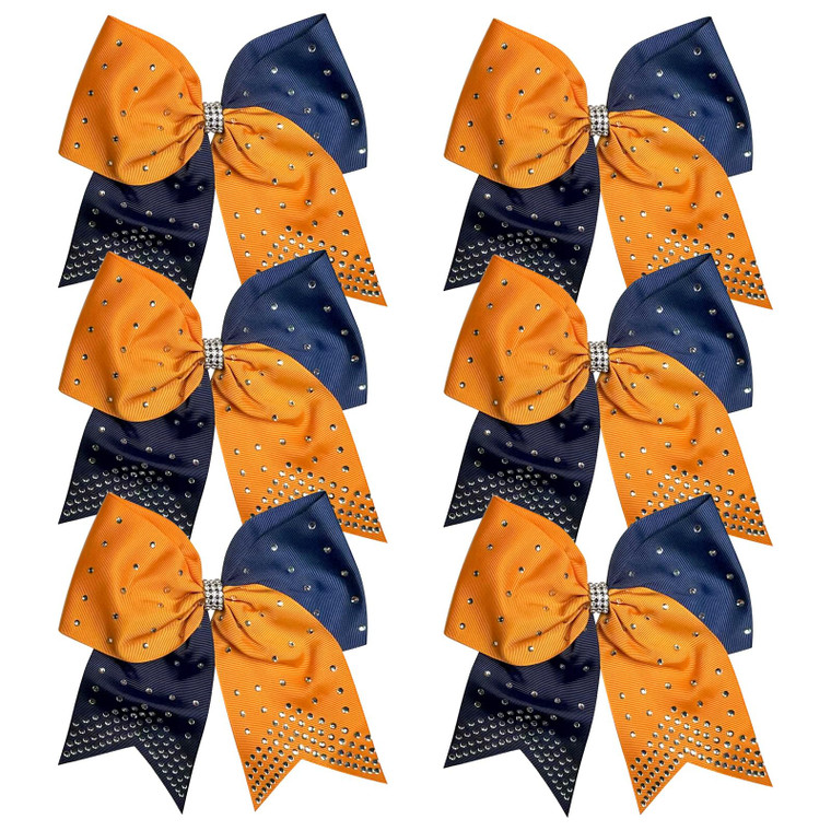 8 Inch 2 Colors Cheerleader Bows Ponytail Holder with Bling Fling Rhinestones Hair Tie Cheerleading Bows 6 Pcs (Orange/Navy Blue)