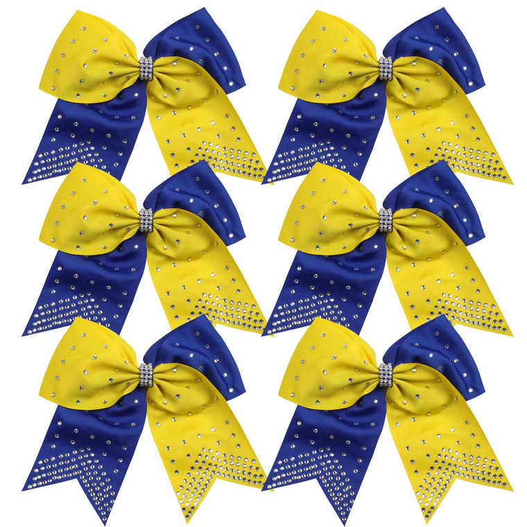 8 Inch 2 Colors Cheerleader Bows Ponytail Holder with Bling Fling Rhinestones Hair Tie Cheerleading Bows 6 Pcs (Royal Blue/Yellow)