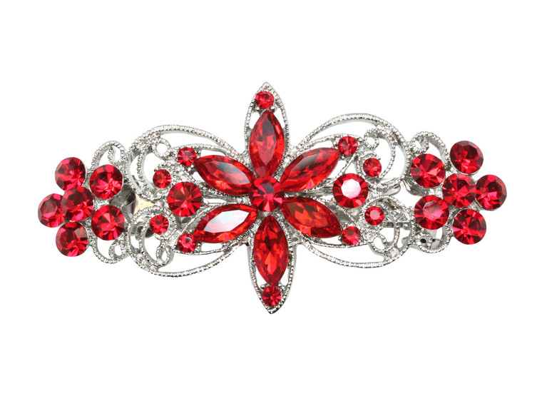 Faship Gorgeous Red Rhinestone Crystal Flora Hair Barrette Clip