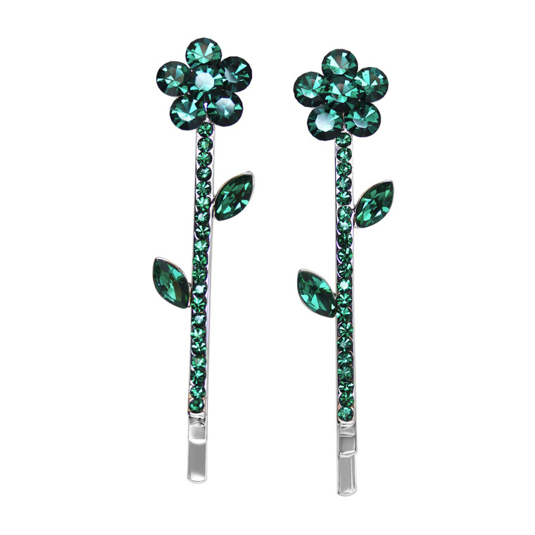Faship Gorgeous A Pair Of Green Rhinestone Crystal Floral Hair Clips Pins 2 Pcs