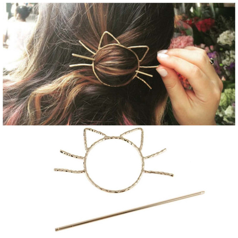 Yheakne Metal Hair Slide Clip Barrette Cat Shape Hair Stick Pin Vintage Hair Fork Pin Bun Holder Alloy Hair Clip Decorative Hair Accessories for Wome
