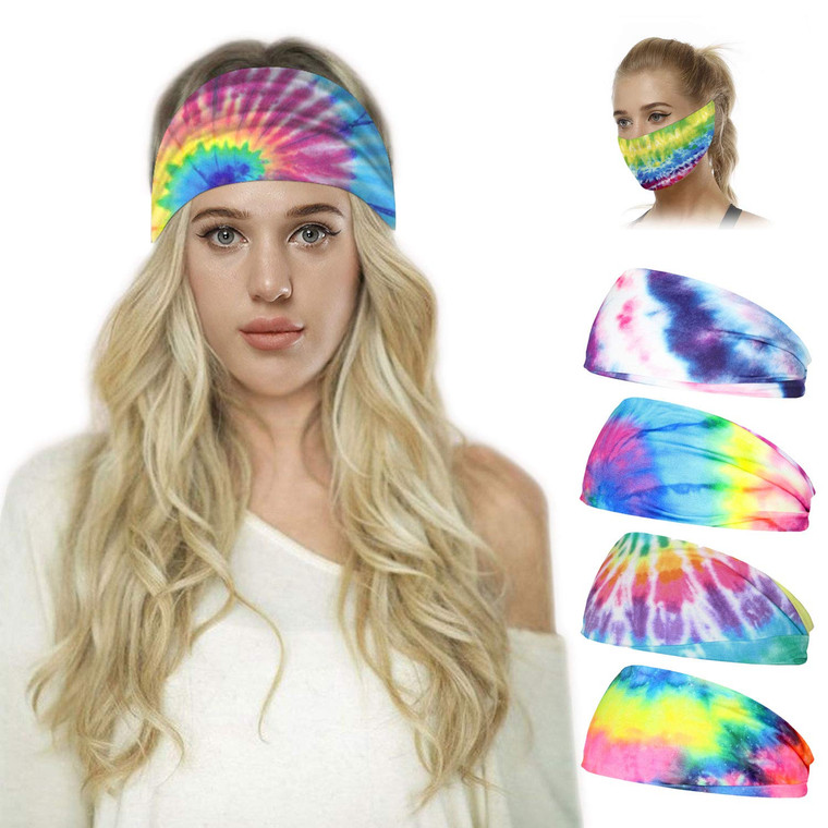4 Pack Athletic Tie-dye Headbands Boho Wide Stretch Non Slip Hair Bands Wrap Yoga Fashion Elastic Hair band for Sports, Workouts, Style