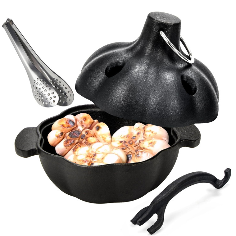 IPROUDER Cast Iron Garlic Roaster with Handle, Smoker Roaster, Garlic Cooker, Garlic Baker, Garlic Roasting Pot, Potato Baker, Mini Cocotte, Used in