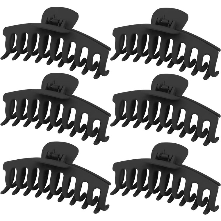 WHAVEL 6PCS Matte Plastic Large Black Hair Claw Clips For Thick Hair Jaw Clips Non-slip Ponytail Holder Hair Clip Clamps Teeth for Women and Girls