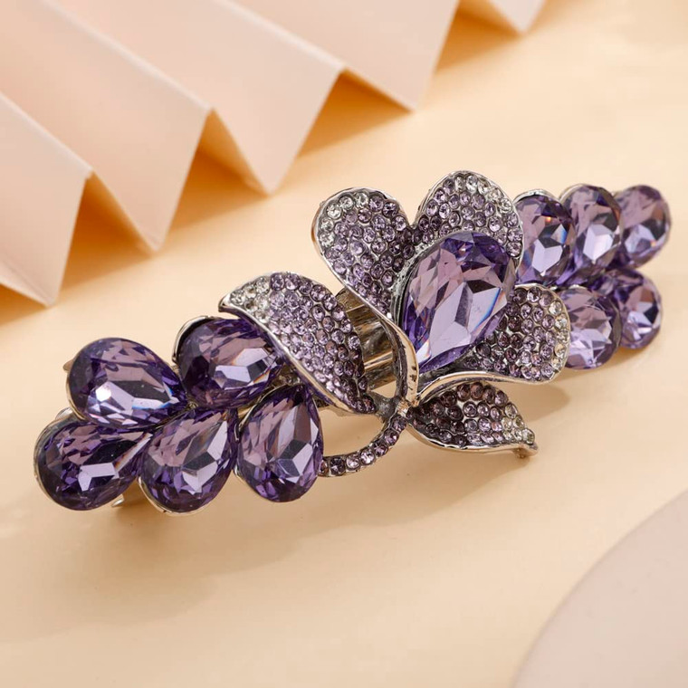 Aimimier Bridal Crystal Flower Hair Clip Sparkling Rhinestone Barrettes for Bun Fashion Hair Styling Accessories for Women (Purple)