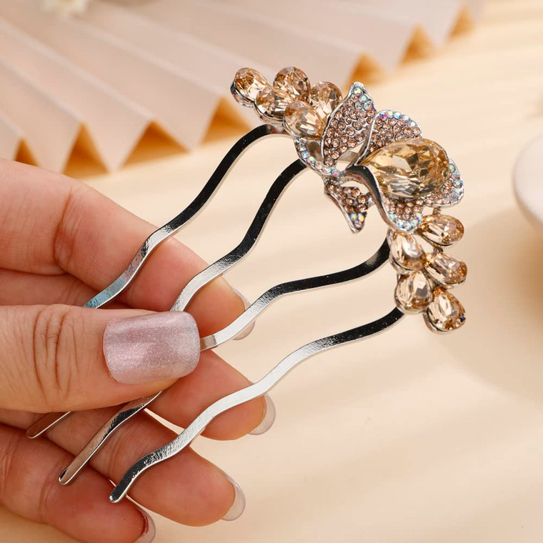 Aimimier Dainty Crystal Flower Hair Comb Sparkly Rhinestone Inlaid Hair Side Combs Long Teeth Hair Accessories for Women and Girls(Champagne)