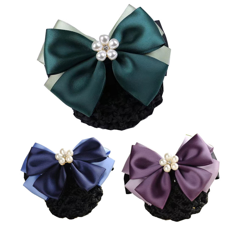 3pcs Women Hair Barrettes with Big Bowknot Pearls Ornaments Hair Clips with Snood Bowknot for Stewardess/Banks/Hotels/Nurse/Property/Restaurant Staff
