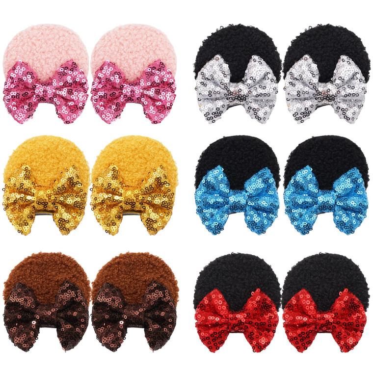 Qearl 12 Pieces Sequin Mouse Ears Hair Clips Mouse Hair Bows with Alligator Clips Hair Accessories for Theme Park Costume Party Decoration for Toddle