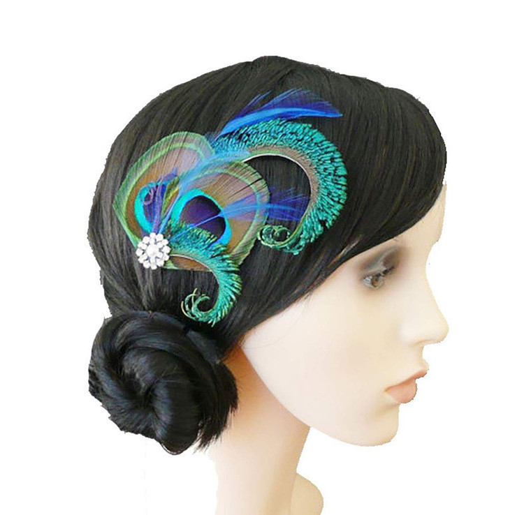 Handmade Bohemian Peacock Feather Hair Clip Hair Accessory Elegant Showgirl Headpiece Hair Pin Wedding Dance Party Headwear Headdress (E#)