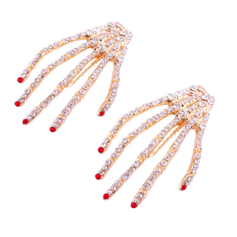 2Pcs Alloy Rhinestone Skeleton Claws Skull Hand Hair Clip Hairpin Zombie Punk Horror Bobby Claw Barrette Fashion Hair Accessories For Women Cosplay