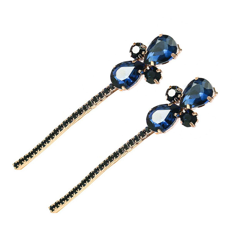 2PCS Women Lady Vintage Imitation Crystal Rhinestone Alloy Barrettes Side Clip Hairpin Hair Clip Bobby Pins Hair Accessories for Wedding Bridal (Blue