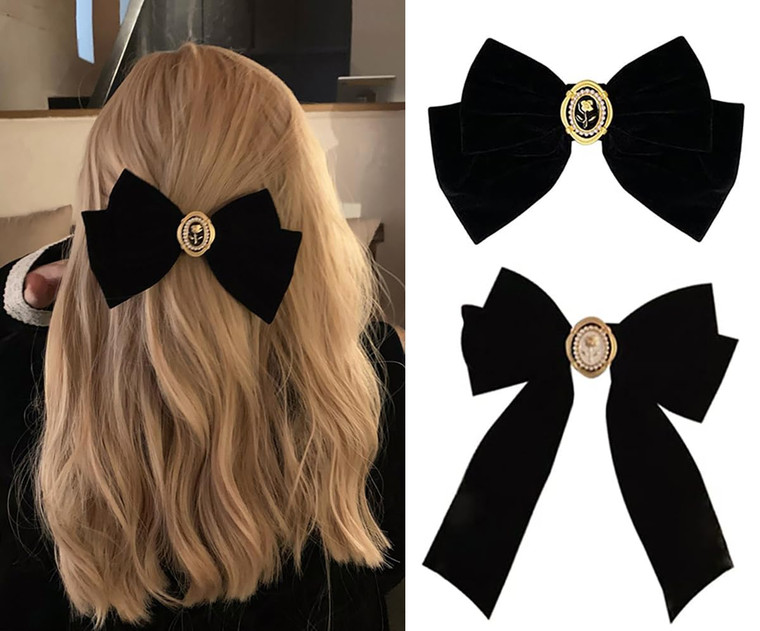 2 Pcs Velvet Hair Bows Black Ribbon Clips, Cute Duckbill Clip Hair Decor, Rose pearl Elegant Design, for Long and Short Hair, for Women Girls Party H