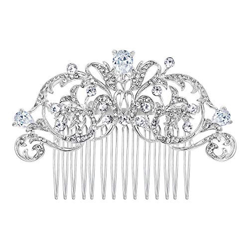 EVER FAITH Austrian Crystal CZ Wedding Royal Flower Leaf Vine Hair Comb Clear Silver-Tone