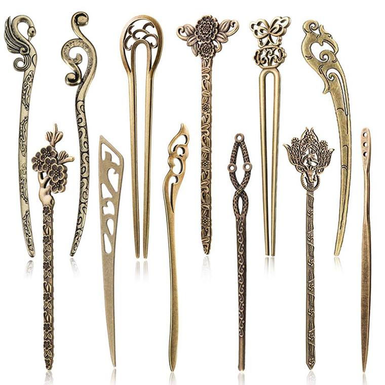 12 Pieces Chinese Women Hair Sticks, AUHOKY 12 Styles Vintage Bronze Decorative Hair Pin Chopsticks, Antique Retro Hair Forks for Hair DIY Accessory