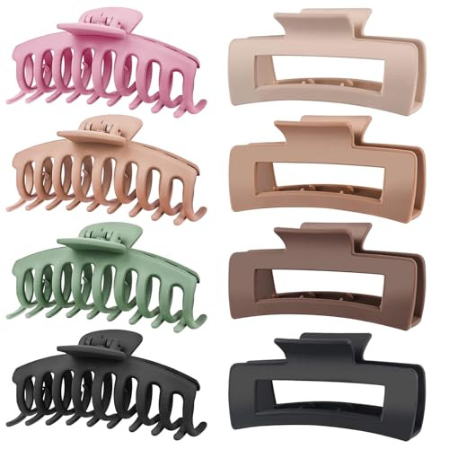 TOCESS 8 Pack Big Hair Claw Clips for Women Large Claw Clip for Thin Thick Curly Hair 90's Strong Hold 4.33 Inch Nonslip Matte Jumbo Hair Clips (8 Pc