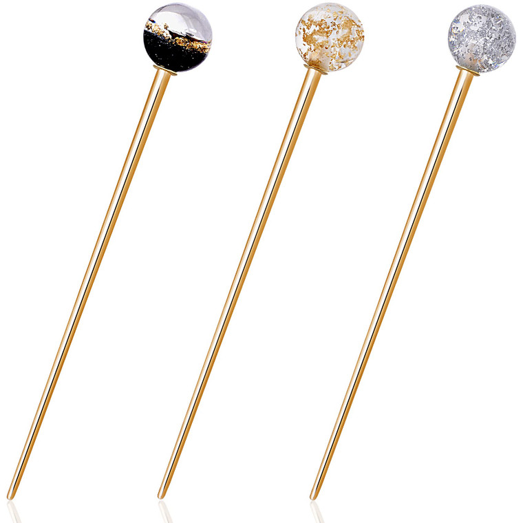 OIIKI 3Pcs Women Lollipop Hair Sticks, Elegant Planet Design Round Ball Metal Hair Stick Forks Chignon Pins Updo Chopsticks Decor Hairpin Fashion Hai